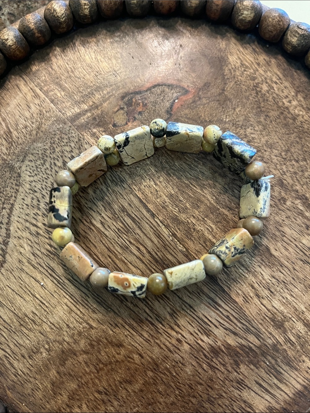 Natural Jasper Beaded Stretch Bracelet in Beige and Black